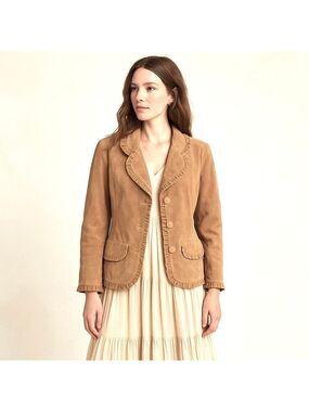 Vintage Suede Leather Blazer Jacket Tan Brown Boho Ruffle Trim Alice Blue S